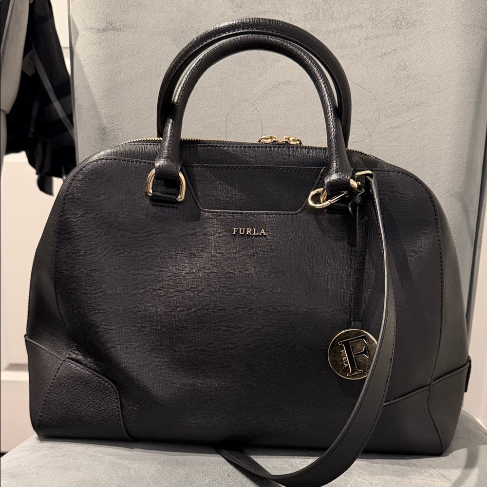 Furla Black Saffiano Leather Dome Satchel Crossbody Bag